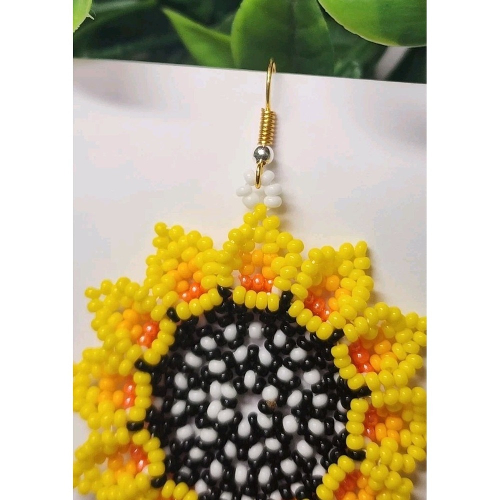 Boho Sunflower Seed Bead Earrings - Yellow Floral Dangle Jewelry - Handmade - Picture 3 of 6